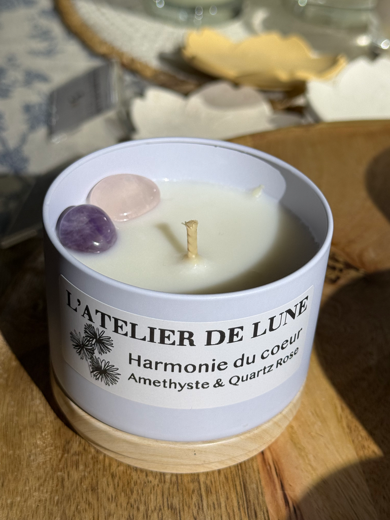Bougie harmonie du cœur - Quartz Rose Améthyste